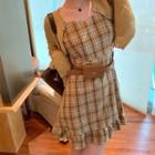Suspender Plaid Dress / Long-sleeve Lace Underlay Top