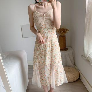 Floral Print Ruched Spaghetti Strap Dress