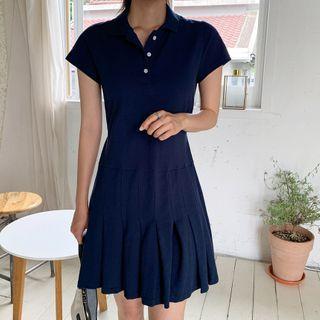 Tie-waist Pleated-hem Polo Dress