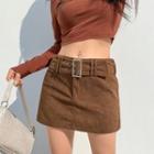 Belted Mini A-line Corduroy Skirt