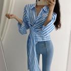 Long-sleeve Asymmetric Striped Tie Waist Shirt