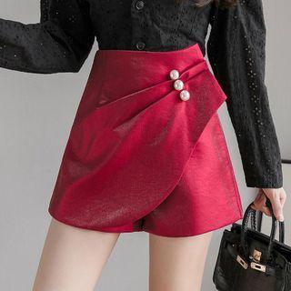Faux Peal Button High-waist Mini Skort
