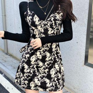 Long-sleeve Knit Top / Spaghetti Strap Floral Print Mini A-line Dress / Mini Chain Crossbody Bag
