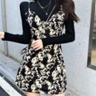 Long-sleeve Knit Top / Spaghetti Strap Floral Print Mini A-line Dress / Mini Chain Crossbody Bag