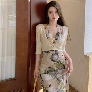 Flower-print Maxi Halter Dress / Light Cardigan