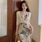 Flower-print Maxi Halter Dress / Light Cardigan