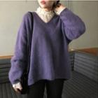 Long-sleeve V-neck Plain Knit Top Purple - One Size