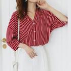Striped V-neck 3/4-sleeve Blouse Stripe - Red - One Size