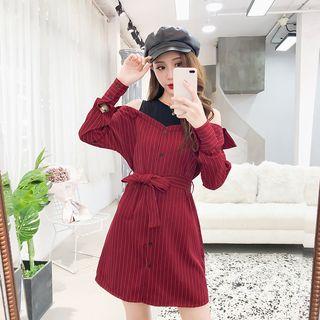 Mock Two-piece Long-sleeve Striped A-line Mini Dress