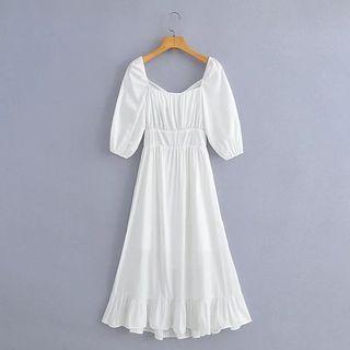 3/4-sleeve Square-neck Ribbon-back Midi A-line Dress