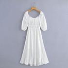 3/4-sleeve Square-neck Ribbon-back Midi A-line Dress