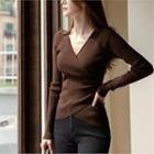 V-neck Shirred-trim Rib-knit Top Brown - One Size