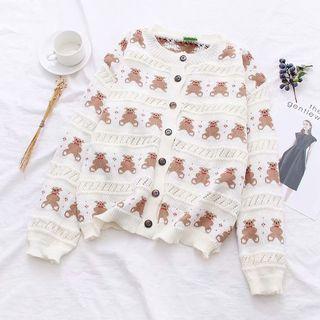 Bear Jacquard Round-neck Cardigan White - One Size
