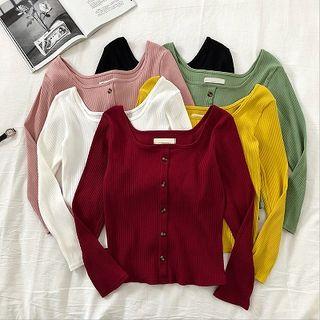 Plaid Square-neck Slim-fit Long-sleeve Top