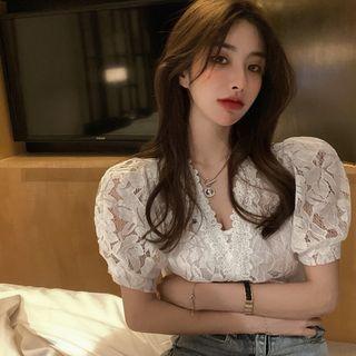 Puff-sleeve V-neck Jacquare Blouse White - One Size