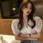 Puff-sleeve V-neck Jacquare Blouse White - One Size