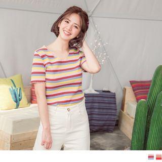Frilled V-neck Short-sleeve Stripe Knit Top