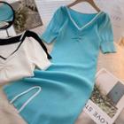 Short-sleeve V-neck Two-tone Knit Dress
