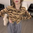 Long-sleeve Button-up Animal Print Crop Top Animal Print - Brown - One Size