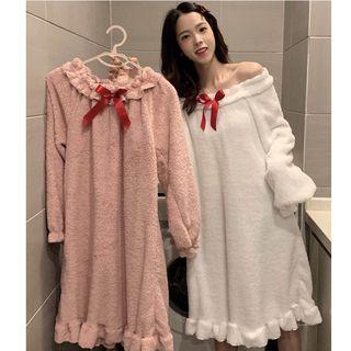 Bow Accent Long-sleeve Coral Fleece Sleep Dress