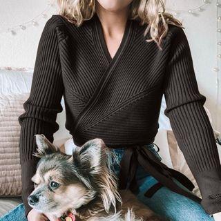 V-neck Tie-waist Wrap Knit Crop Top