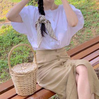Puff-sleeve Plain Blouse / Button-up Midi Pencil Skirt