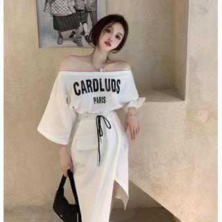 3/4-sleeve Lettering Off-shoulder Top / Midi Skirt