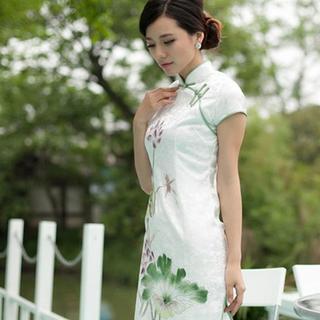 Lotus Flower Print Cap-sleeve Cheongsam