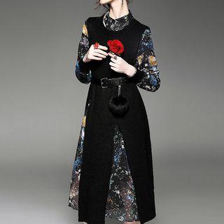 Set: Print Long Sleeve A-line Dress + Slit Knit Vest