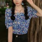 Square-neck Floral Ruched Puff-sleeve Shirt