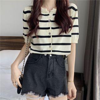 Striped Button Short-sleeve Knit Top