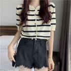 Striped Button Short-sleeve Knit Top
