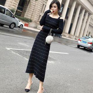 Off-shoulder Long-sleeve Midi Knit Dress Black - One Size