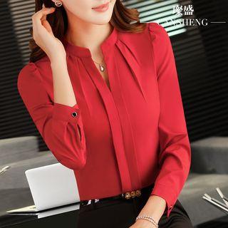 Plain Split Neck Long Sleeve Chiffon Blouse
