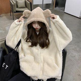 Contrast Bear Ear Hooded Fleece Jacket