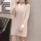 Long-sleeve V-neck Knit Mini Dress
