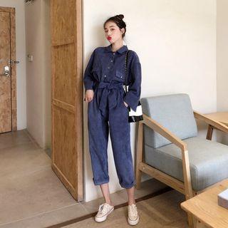 Corduroy Crop Jumpsuit With Sash
