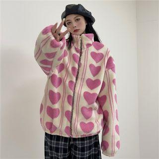 Heart Print Zip-up Fleece Jacket Pink - One Size
