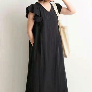 Cap-sleeve V-neck Plain Maxi Dress