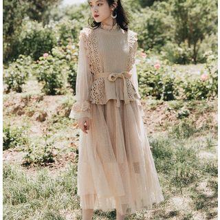 Set: Lace Trim Knit Vest + Dotted Long-sleeve Mesh Midi A-line Dress