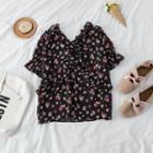 Floral Ruffled Short-sleeve Blouse As Shown In Figure - One Size