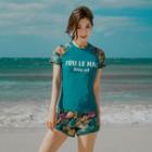 Set: Short-sleeve Floral Print Swim Top + Shorts