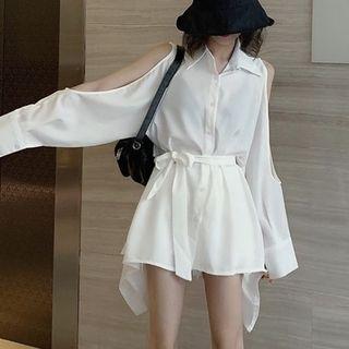 Plain Off-shoulder Long-sleeve Shirtdress