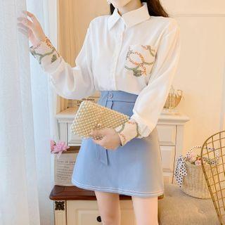 Long-sleeve Printed Panel Shirt / Fitted Mini Skirt / Set