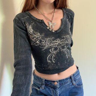 Rhinestone Print Long Sleeve Top