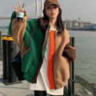 Color Block Fleece Jacket Brown & Green - One Size