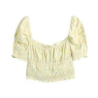 Short-sleeve Square Neck Print Ruffle-trim Crop Top