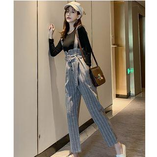 Long-sleeve Plain Top / Suspender Plaid Pants