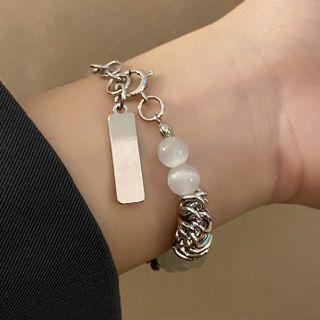 Bead Faux Cat Eye Stone Alloy Bracelet Silver - One Size
