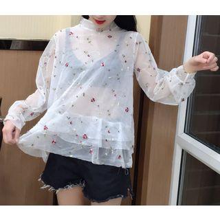 Floral Print Mock Neck Long Sleeve Chiffon Top